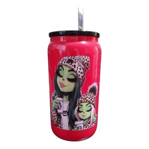 New handmade UVDTF "Mommy & daughter" red tumbler with black lid‎ & straw